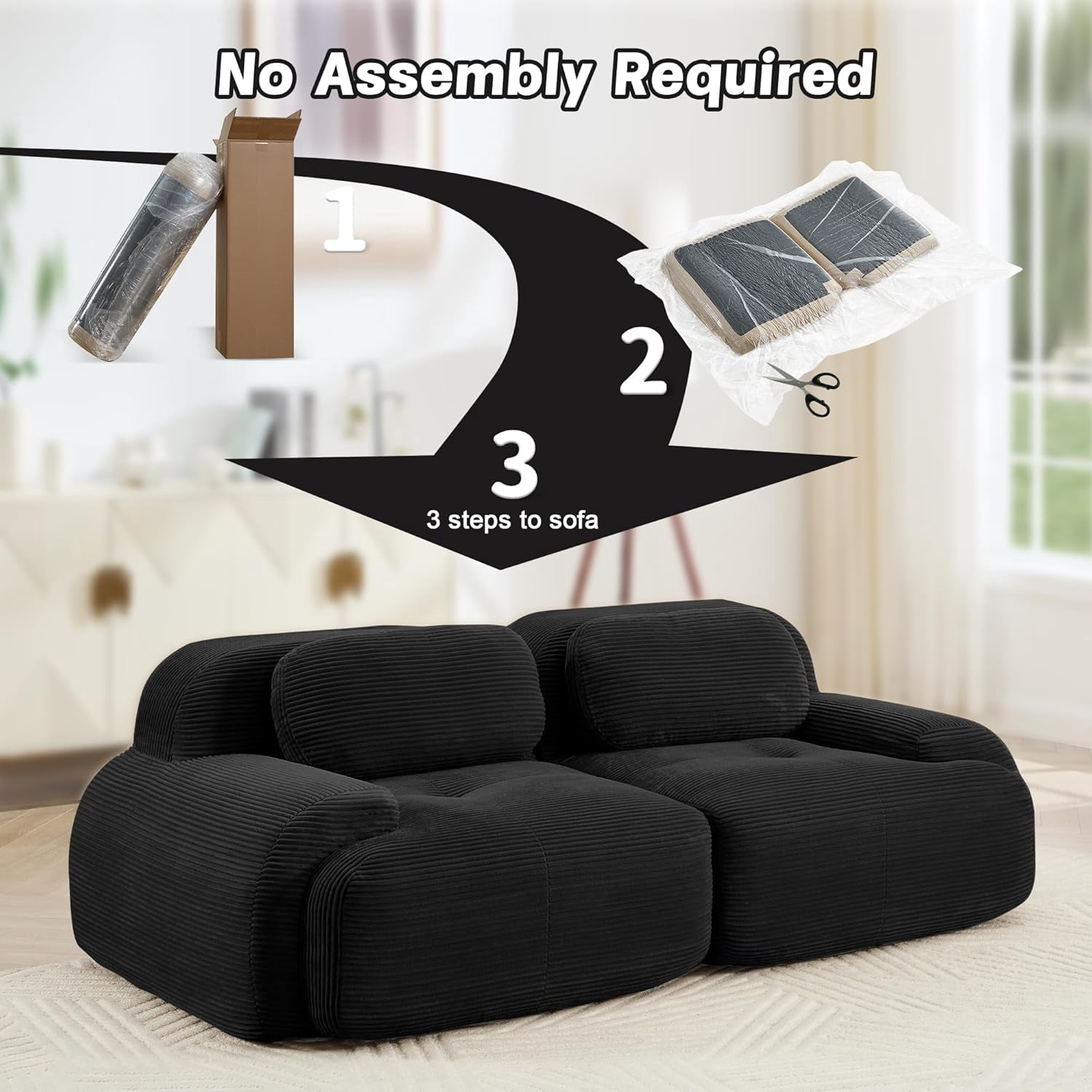 Howcool 80" Boneless Cloud Modular Loveseat, 2 Seater Vacuum Compressed No Assembly Sofa, Extra Deep Memory Foam Corduroy Sectional Couch for Living Room,Black