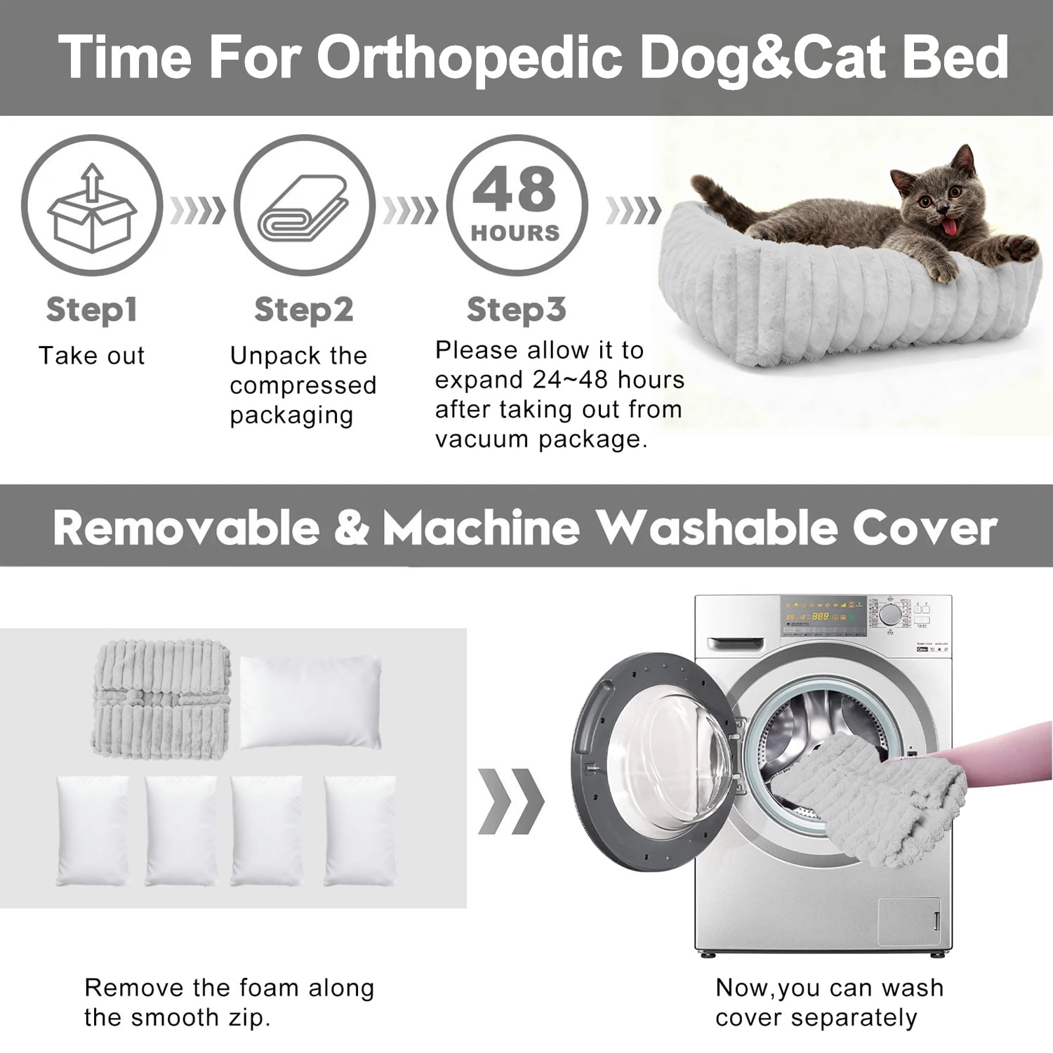 Sanmadrola Cat Bed for Indoor Cats Furry Corduroy Fleece Orthopedic Pet Bed Sofa Removable Washable Cover Non Skid Bottom, Grey