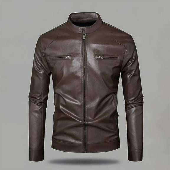 Yusimy Men's Leather Jacket Zip-Front Jacket Stand-Up Collar Jacket Solid Color Long Sleeve Functional Pockets Fashionable Casual Style