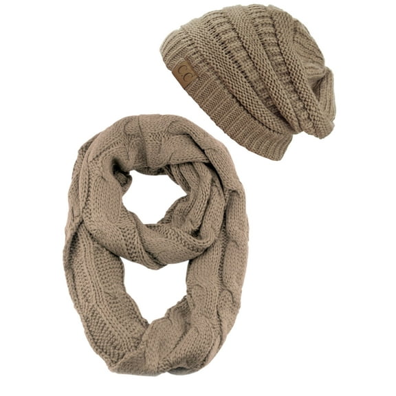 C.C Unisex Soft Stretch Chunky Cable Knit Beanie and Infinity Loop Scarf Set, Taupe