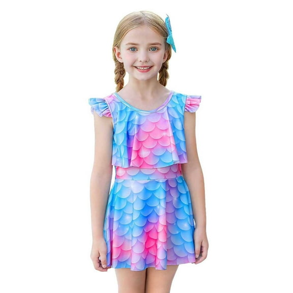 Hienoo Toddler Girls Swimsuit Ruffle Beach Dress with Shorts Sun Protection Bathing Suit