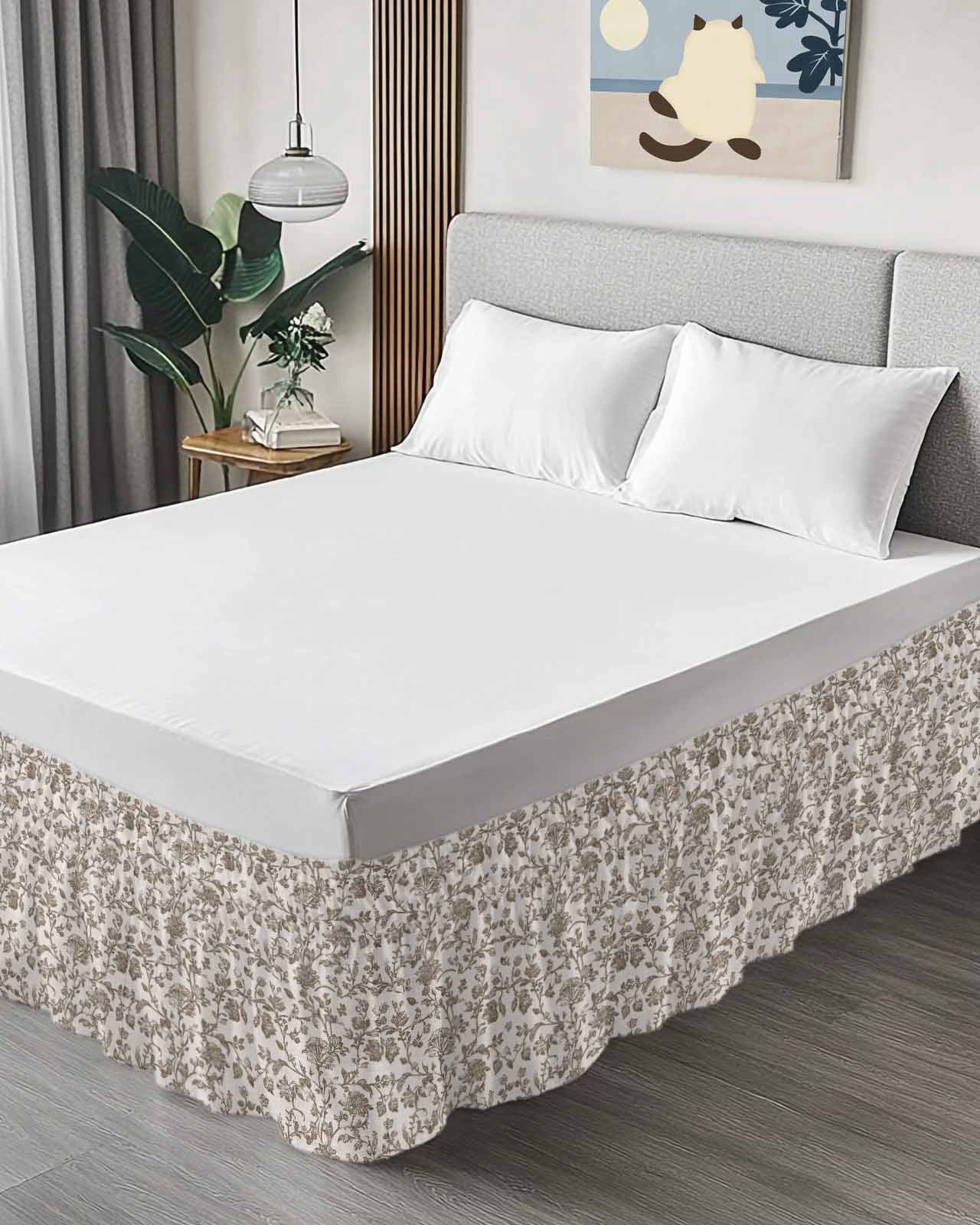 Farmhouse Brown Bed Skirt Cal King Size, Vintage Flower Leaf Botanical Plant Wrap Around Bed Skirting with Adjustable Elastic Strap, Dust Ruffled Pleated Bedskirts 16 Inch Drop for Bedroom Beds