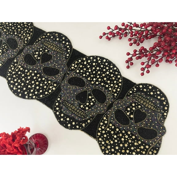 Handmade bead table runner, Halloween skull, fall runner, 13x36 inch