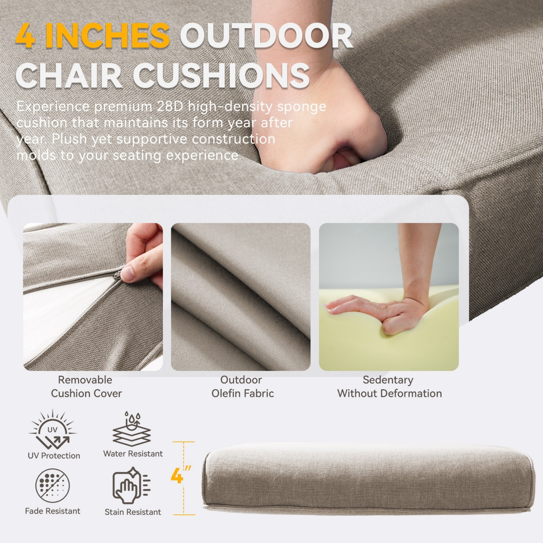 Unnifurnzi Outdoor Deep Seat Cushions-22 x 25 x 4 Inch Outdoor Furniture Cushion with Water Resistant & Removable Cover Outdoor Chair Cushion for Patio Furniture Sofa Couch-Beige