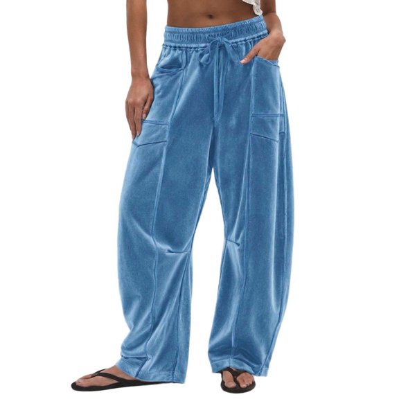 Cmfcve Women's Wide Leg Barrel Sweatpants Casual Daily Elastic Waist Velvet Long Pants with Pockets