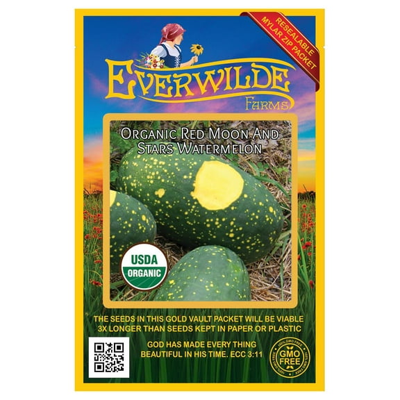 Everwilde Farms - 10 Organic Red Moon And Stars Watermelon Seeds - Gold Vault Jumbo Bulk Seed Packet