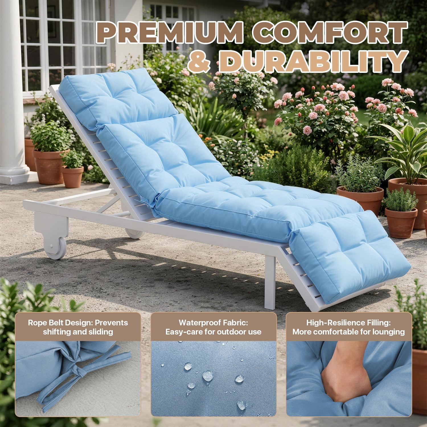 BaPiPro All-Weather Outdoor Chaise Lounge Cushion, Secure-Tie Patio Recliner Cushion with Plush PP Cotton Support for Patio, Poolside & Balcony, Sky Blue