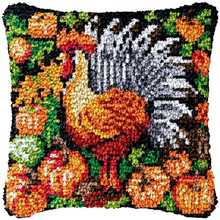 Turkey and Pumpkin Latch Hook Pillow Kits for Beginner Needle Crochet Yarn Kits with Stamped Canvas Embroidery Cushion Hook and Latch Throw Pillow Home Sofa Decoration 43x43cm