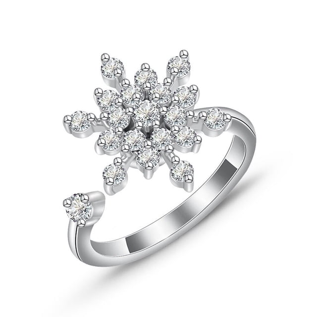 anillos giratorios para dedos, anillo girasol de aleación plateada con copo de flores de pequeñas piedras brillantes y banda abierta ajustable (alrededor 2-3 cm), diseño moderno para aliviar ansiedad y como regalo.