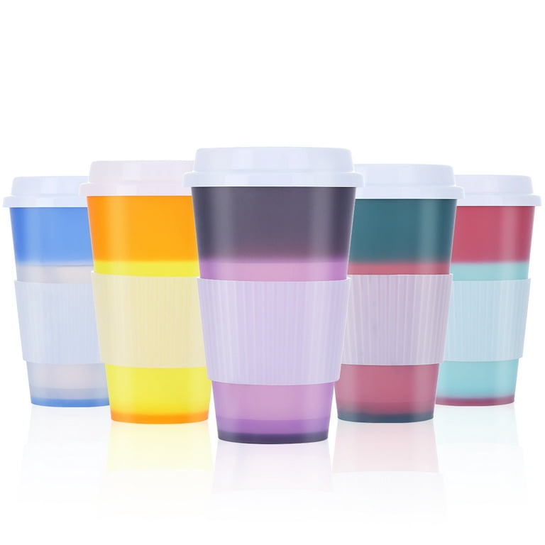 Color Changing Cups for Hot Drink - 5 Pack 16oz Plastic Tumblers Coffee Cups with Lids & Straws- Durable & Splash-proof Water Reusable Travel Cup to