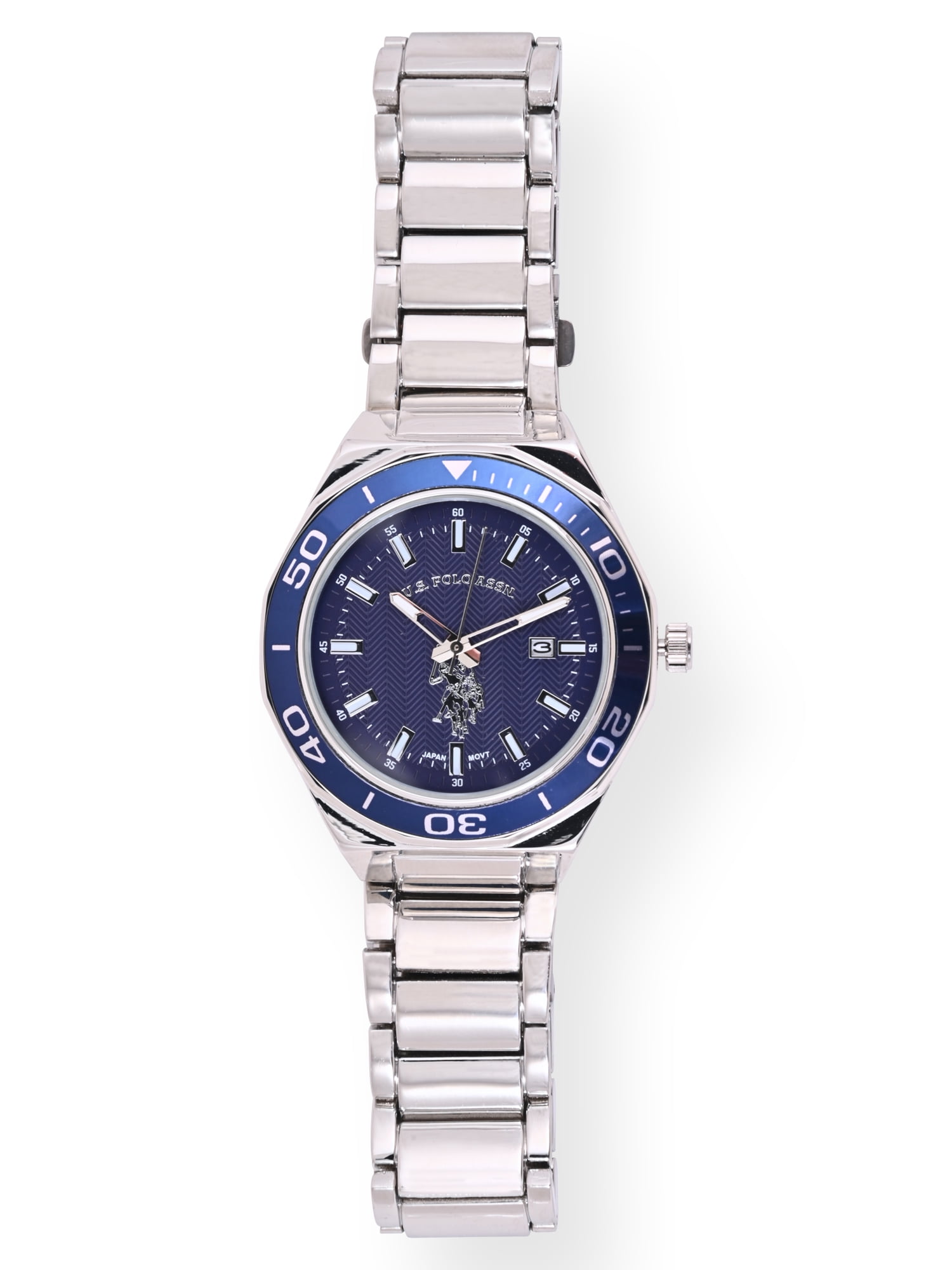 U.S. Polo Assn. Adult Male Silver Bracelet Analog Watch with Blue Sport Bezel & Blue Dial (USC80731WM)