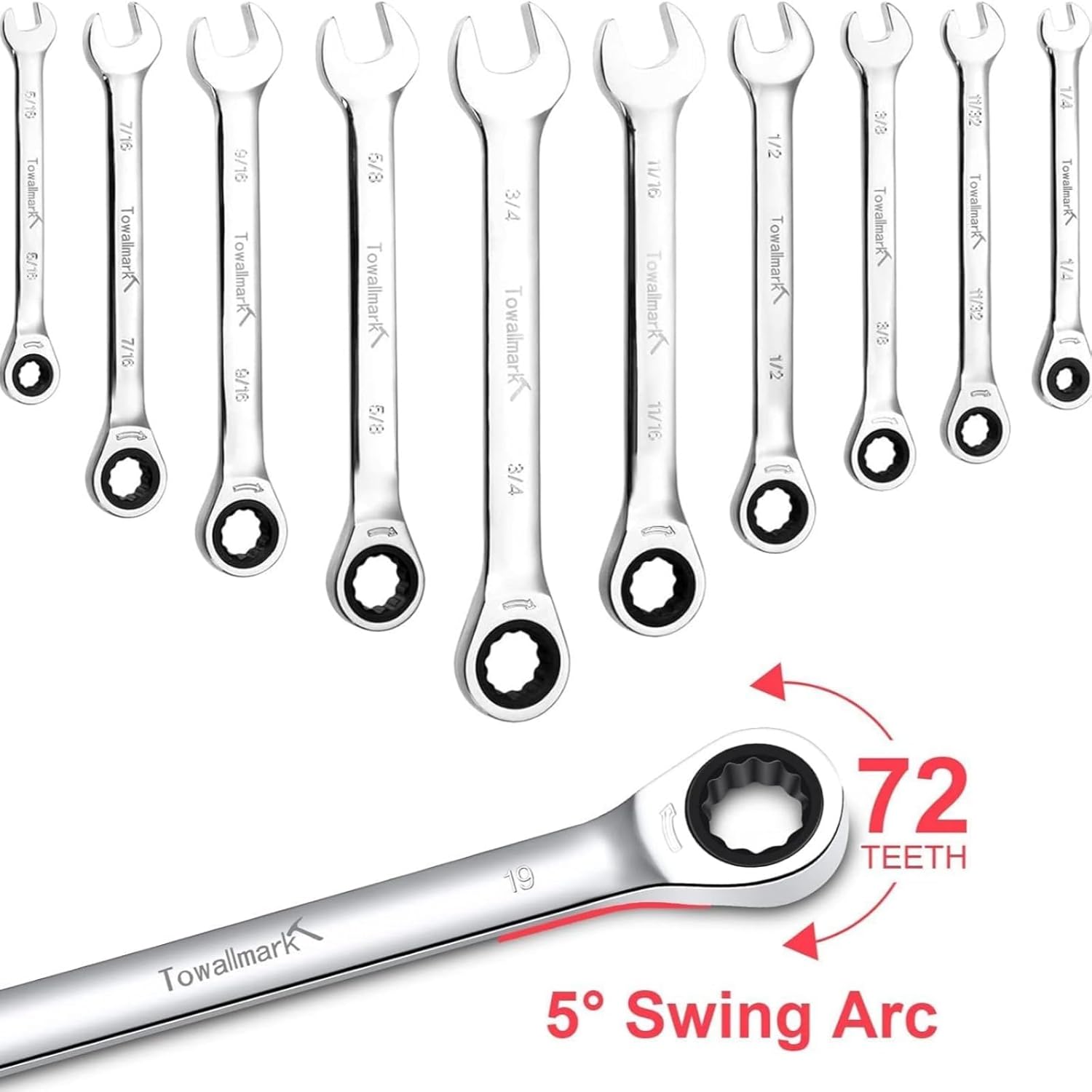 Towallmark Ratcheting Wrench, 20Pcs Standard Combination Wrench Set, SAE 1/4-3/4""& Metric 6-19mm, 72-Teeth,Cr-V Steel Ratchet Set with Storage Bag for motorcycle/car/mechanical etc