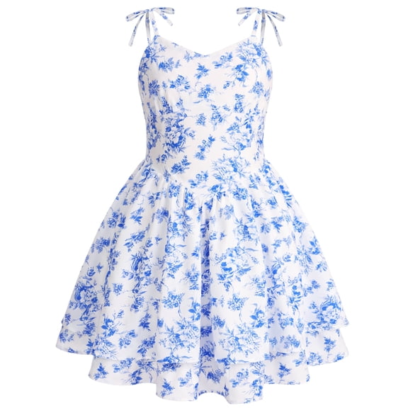IBTOM CASTLE Teen Girls Floral Spaghetti Strap Sundress Party Dress | Adjustable Bow V Neck Ruffle Summer Dress, Tween Girls Graduation Dance Dress,Teens Birthday Holiday Dresses Blue