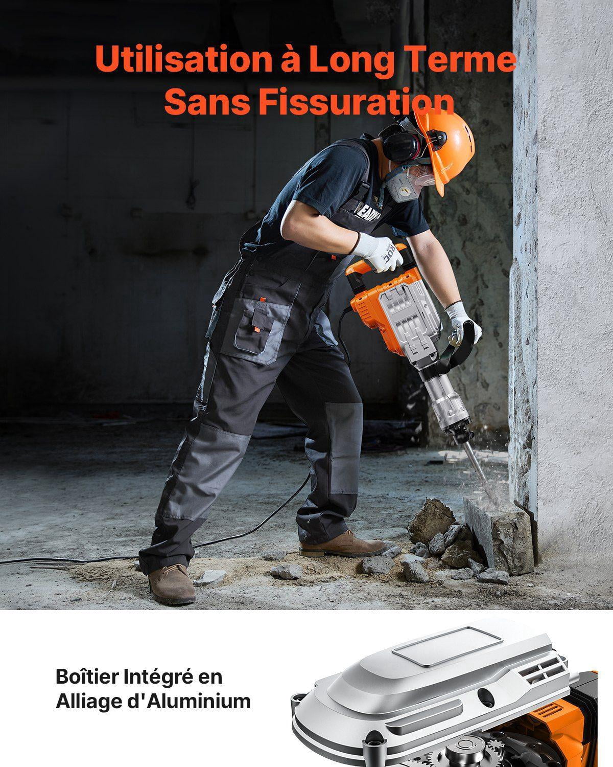 3500W Heavy Duty Electric Demolition Jack Hammer Concrete Breaker 1900 BPM with 360 Celsius Swiveling Front Handle 2 Chisels and Gloves