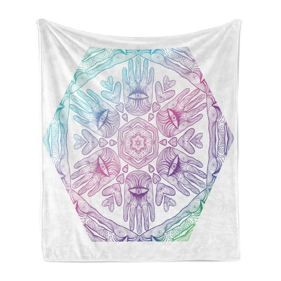 Hamsa Soft Flannel Fleece Throw Blanket, Evil Eye Themed Boho Ombre Color Pattern Hamsa Hands Cosmos Mandala, Cozy Plush for Indoor and Outdoor Use, 60" x 80", Blue Purple, by Ambesonne