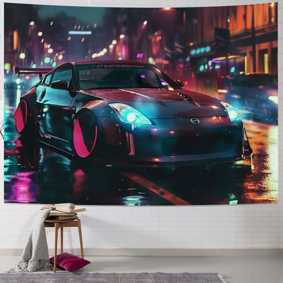 BCIIG Jdm Car Tapestry Aesthetic Wall Hanging Decoration Home Living Bedroom Dorm Wall Art Tapestries Sports Car 370z Black Cool Neon Night 40x30inch