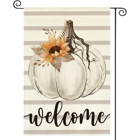 Shmbada Fall Welcome Pumpkin Garden Flag 12x18 Inch Stripes Double Sided Outside, Seasonal Thanksgiving Rustic Yard Outdoor Decorative Flag