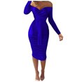 thumbnail image 2 of FcBaudy Robe à Manches Longues Col en V, Robes d'Été pour Femmes, Robes Mode Femmes Manches Longues Épaules Dénudées Robes de Soirée Unies Robe de Bureau Robe Femme, 2 of 6