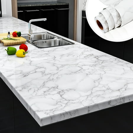 Yenhome Marble Countertop Contact Paper 24" x 394" White Grey Marble Wallpaper Peel and Stick Kitchen Counter Paper Adhesive Wallpaper for Cabinet Backsplash