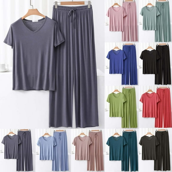 Wlynlyn Womens Pajamas Sets V Neck Short Sleeve Tops Elastic Waisted Wide Leg Lounge Pants Casual Loungewear Set