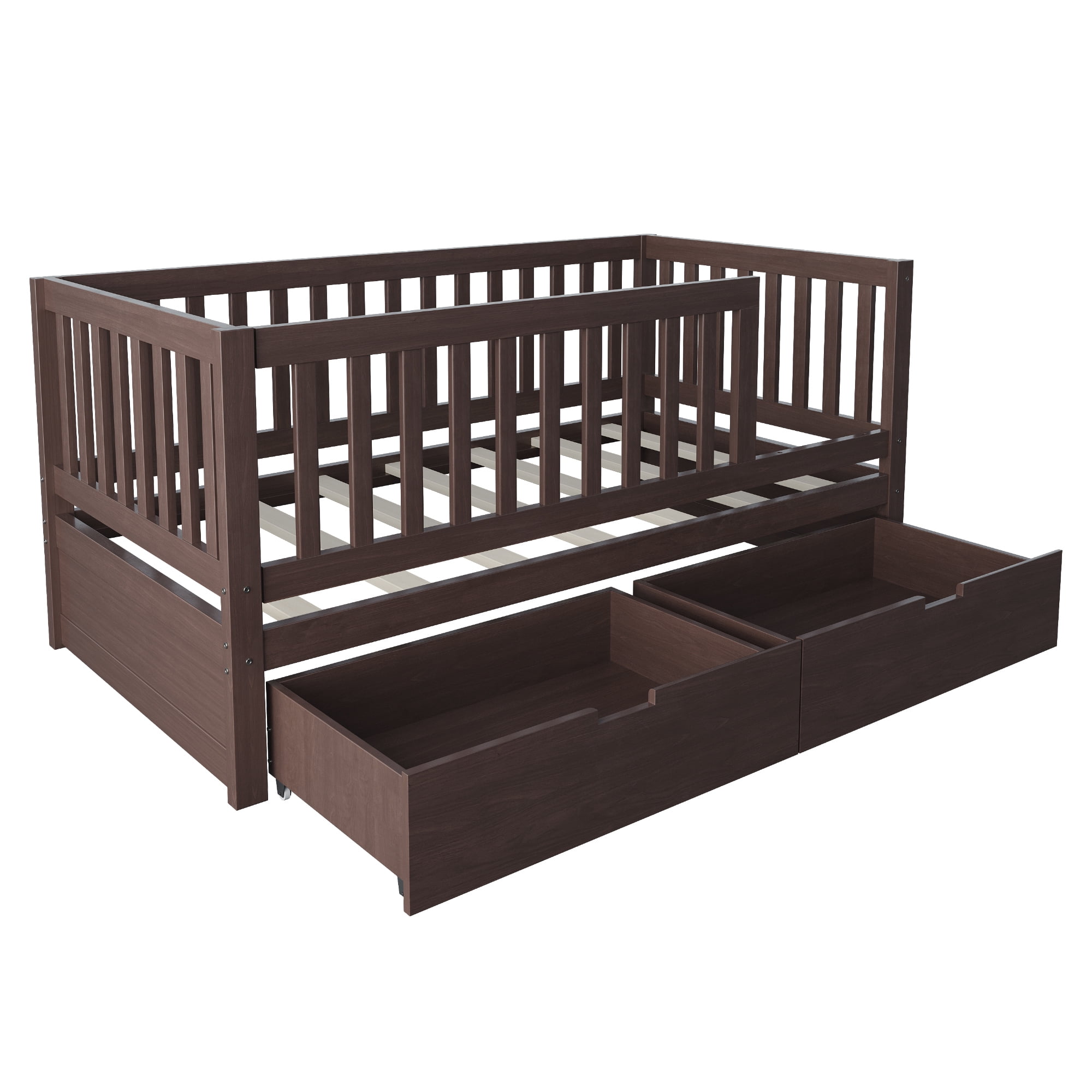 Euroco Wood 3-in-1 Toddler Daybed with Drawers, Crib Bed with Removable Guardrails, Espresso