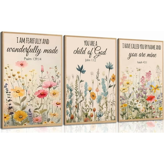 Christian Flowers Wall Art Bible Verse Floral Canvas Paintings Psalm Religious Faith Pictures Wall Decor Nursery Wildflower Scripture Posters Prints for Girls Room Living Bedroom Unframed