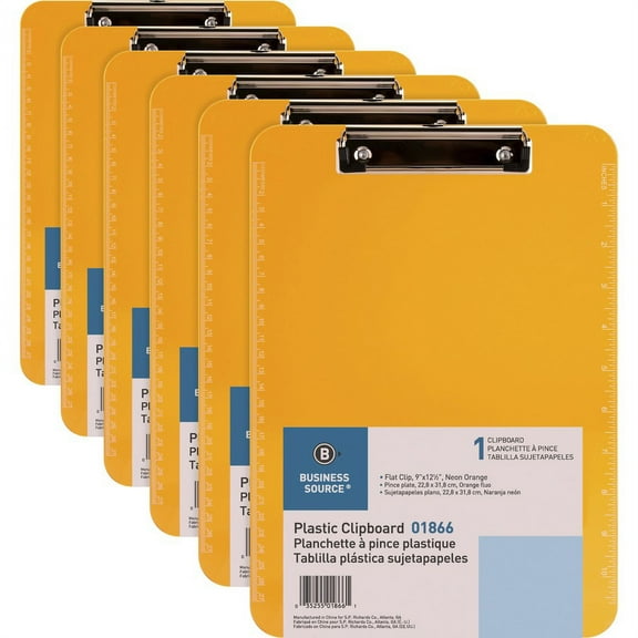 Business Source Flat Clip Plastic Clipboard - 9" x 12" - Low-profile - Plastic - Neon Orange - 6 / Bundle | Bundle of 2 Bundles