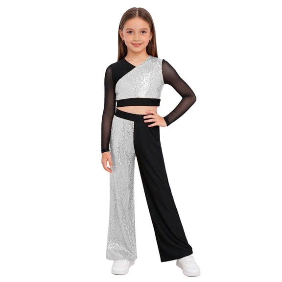 SiiRoh Girls Sequins Long Sleeve Cropped Top with Wide Leg Pants Sparkly Color Block Hip Hop Street Dance Outfits Silver 6