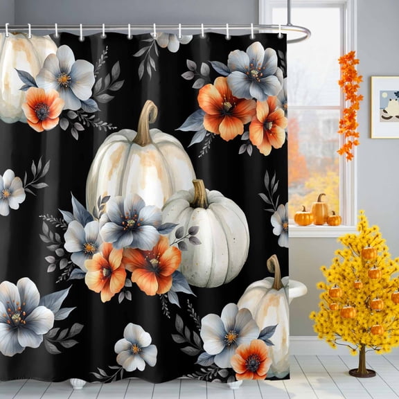 Shower Curtain 36"W x 78"L Thanksgiving Pumpkin Flowers Black Fabric Shower Curtains Set with Hooks Water Repellent Bathroom Curtains Machine Washable Bathroom Accessories