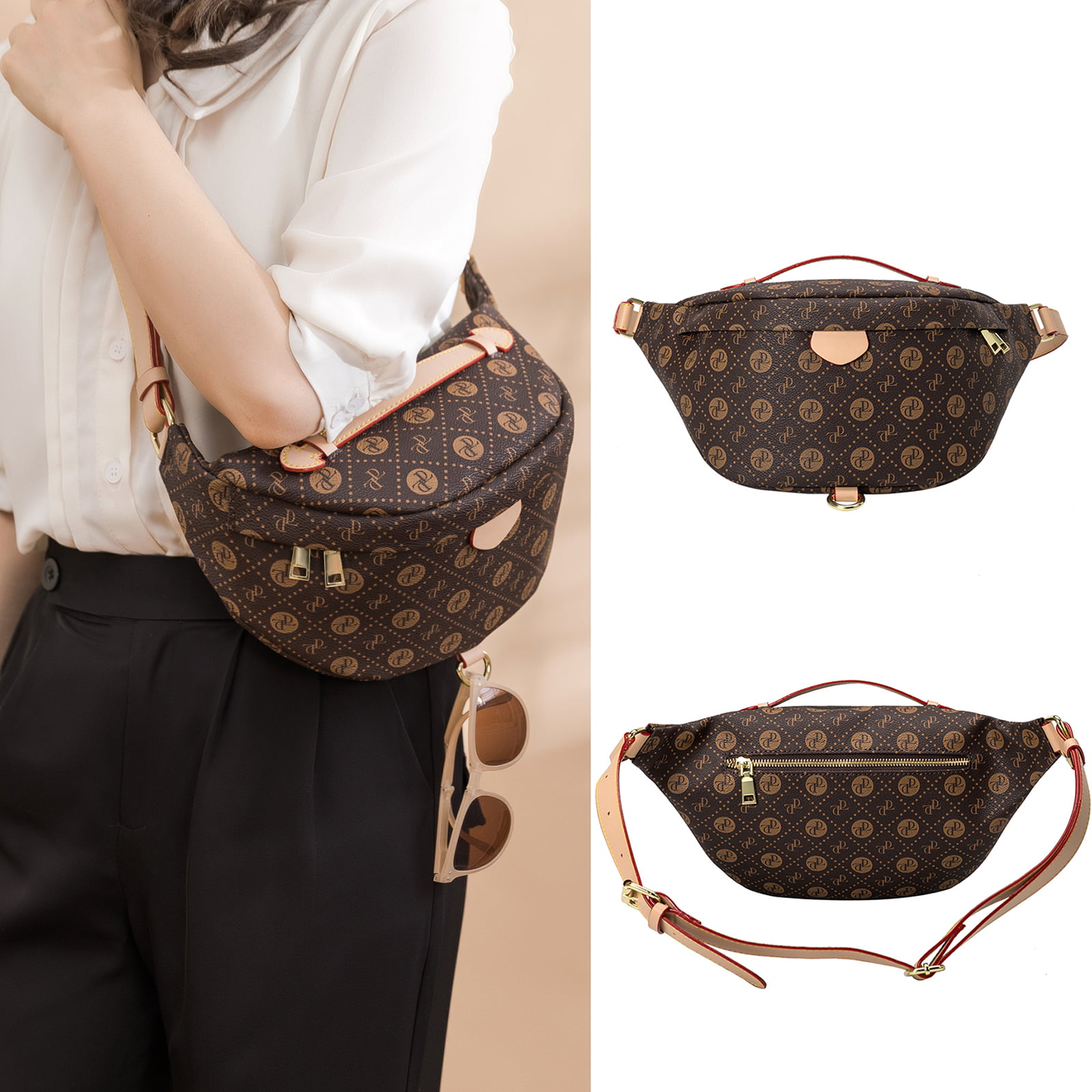 Zsoznqaky Triangle Black Checkered Fanny Pack Designer Inspired Fanny Pack for Women Checkered Crossover Bag Checkered Sling Bag Leather Fanny Pouch