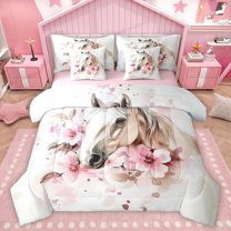 Homewish Western Horse Bedding Comforter Set 7pcs for Teens Boys Girls,Farmhouse Animal Queen Bedding Sets Super Cozy,Chic Pink Flowers Queen Sheet Sets,Breathable Home Decor,Reversible