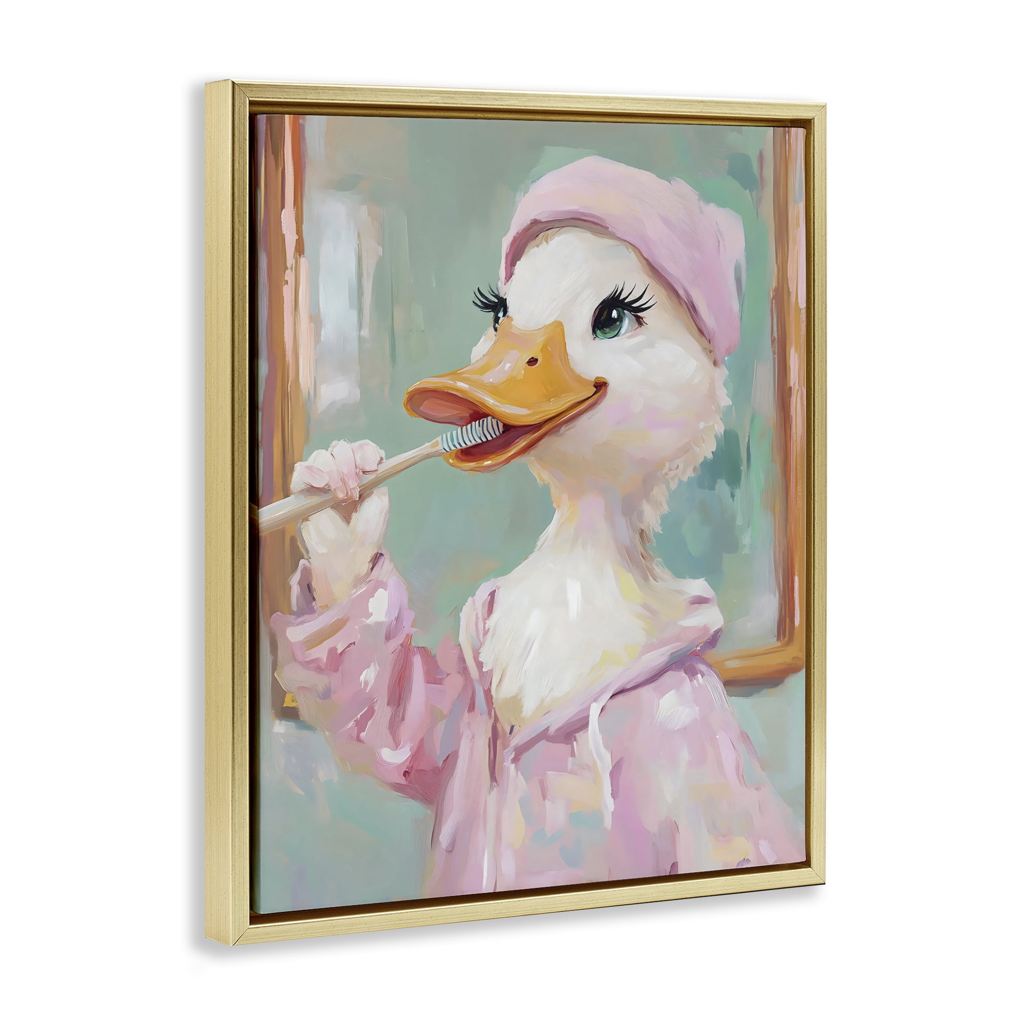 Stupell Industries Duck Brushing Teeth Gold Framed Floater Canvas Wall Art, design by The Prints Vibe