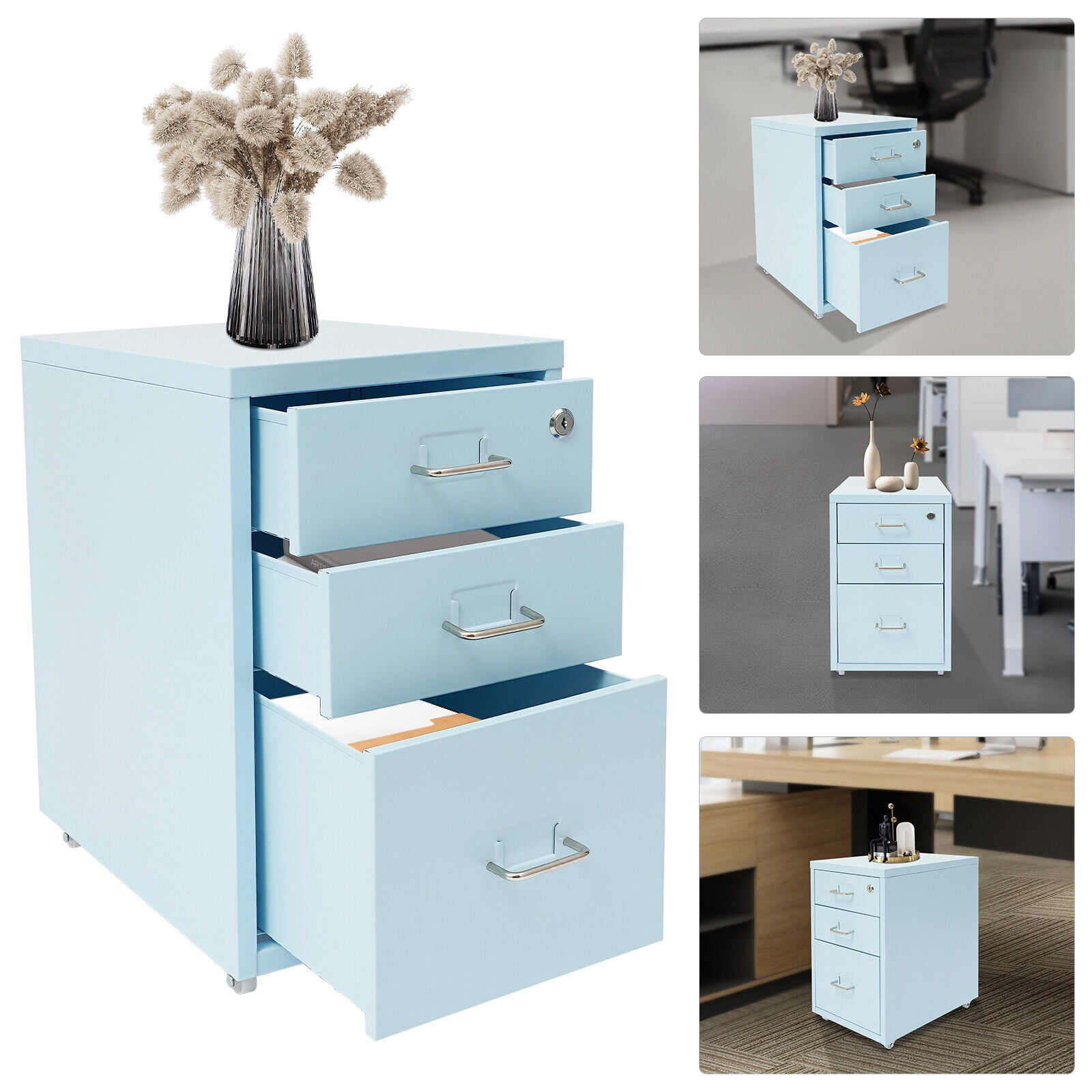 TFCFL 3 Tier Rolling File Cabinet Drawers Organizer Office Lockable Filing Organizer with 4 Wheels