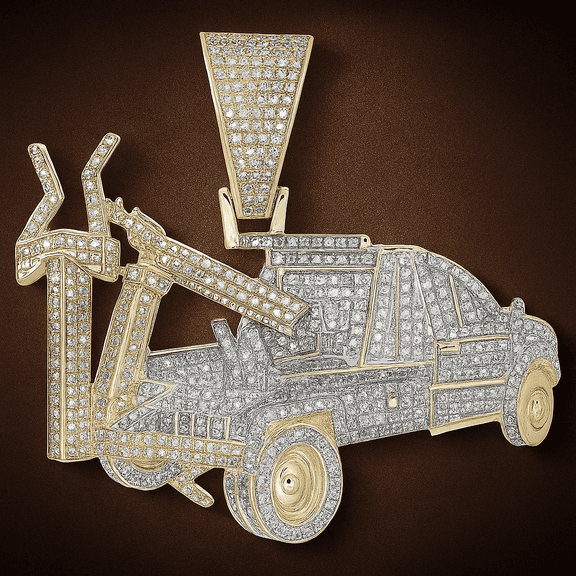 Radiant Jewelry Men's Tow Truck Charm Pendant | 2CT CZ Diamond | 1.5 Inch Hip Hop Jewelry | 10K Yellow Gold Plated