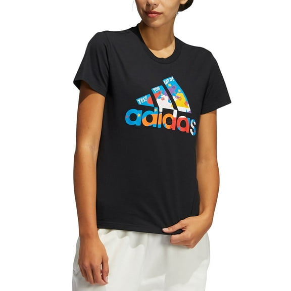 adidas Womens Cotton Printed-Logo T-Shirt,Black,X-Small