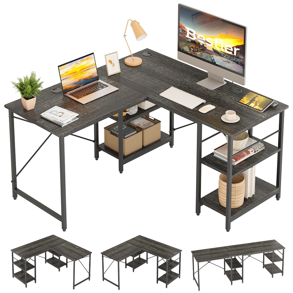 Bestier 86.6 inch Home Office Desk Reversible L Shaped Computer Table with Storage Shelves in Charcoal - image 3 of 9