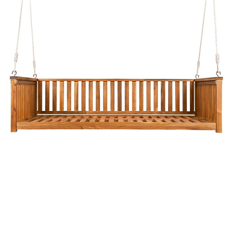 Patio Twin Size Garden Swing Bed, Wooden Porch Swing Frame with Ropes, Outdoor Hanging Swing for Garden, Backyard, Patio, Safe Sloped Design