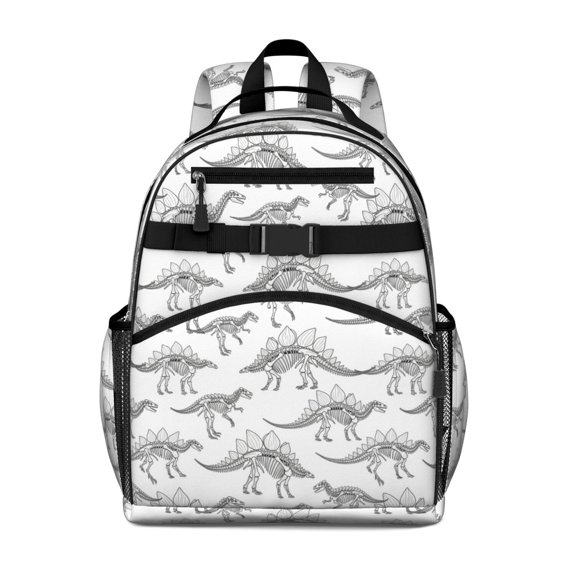 White Dinosaurs Skeletons Pattern Cute School Backpack Bag for School with Padded Back and Adjustable Shoulder Straps 15.25"x11.5"x5.25"