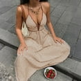 thumbnail image 4 of qolati Summer Dresses for Women Striped Halter Maxi Dress Deep V Neck Backless Flowy Beach Vacation Boho Sundress, 4 of 8