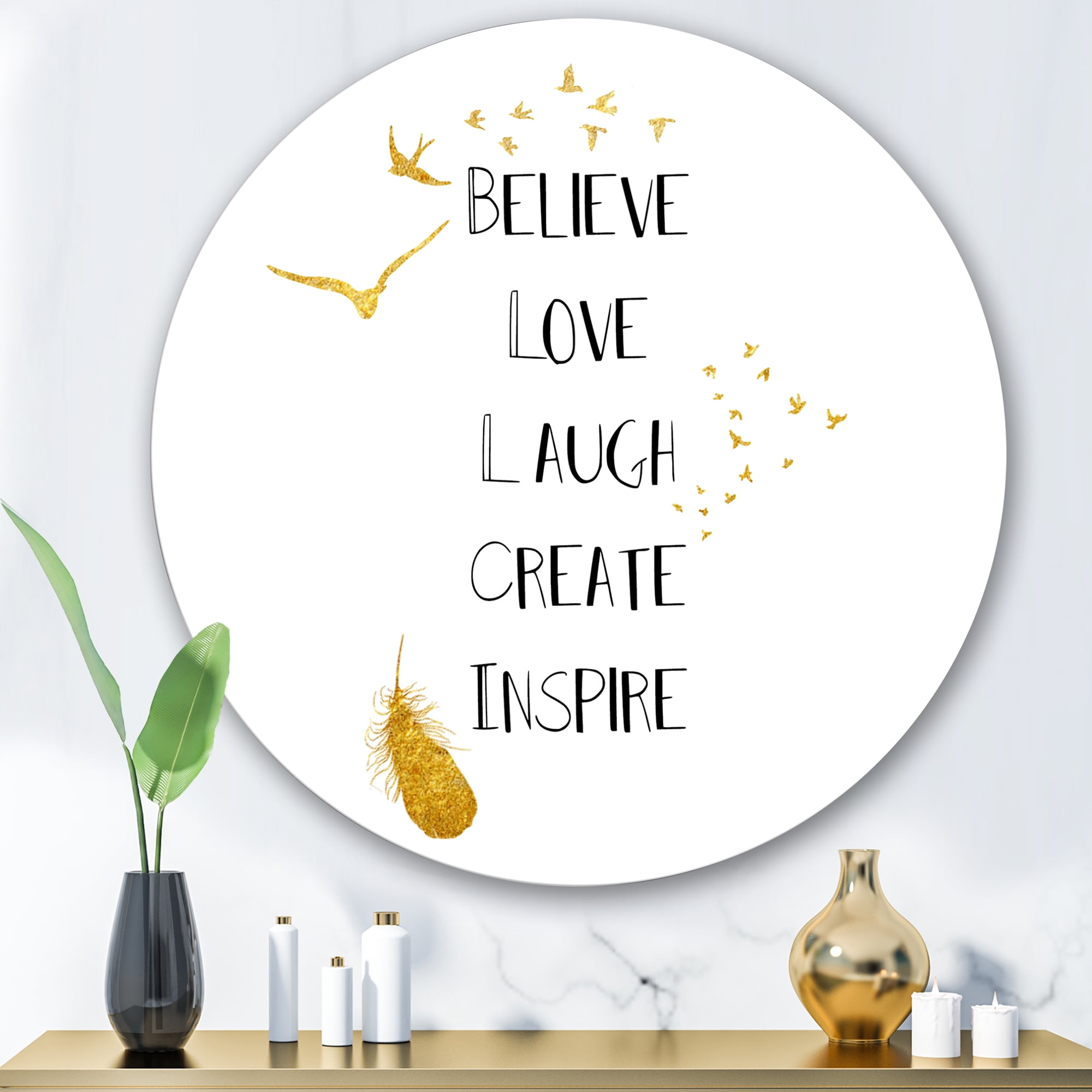 Designart 'Inspirational Quote On Gold and White' Traditional Circle Metal Wall Art 29x29 - Disc of 29