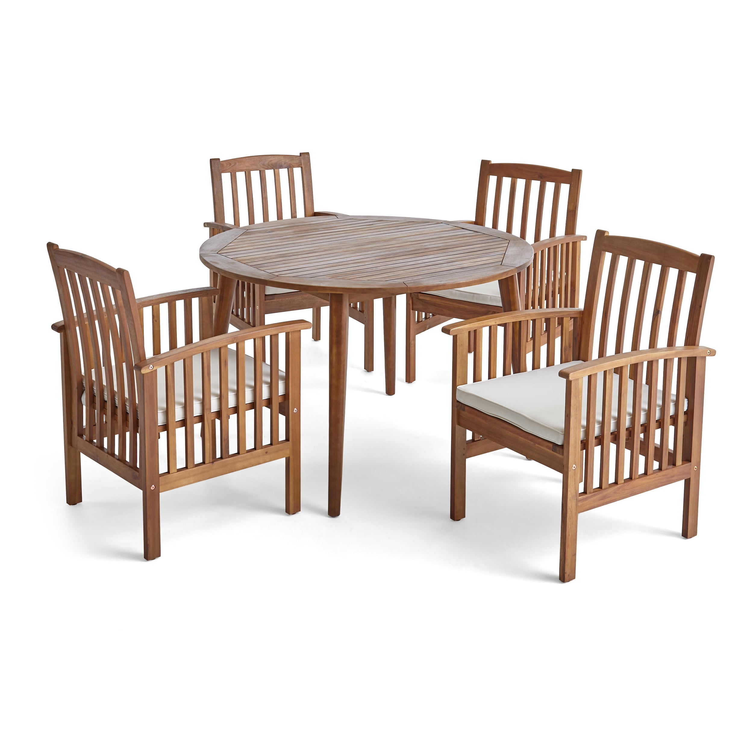 Landen Outdoor 5 Piece Acacia Wood Dining Set with Cushions and 47 Inch Round Table with Straight Legs, Teak, Cream
