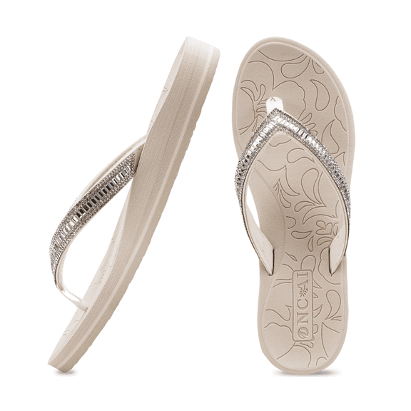 ONCAI Women's Flip Flops with Rhinestone, Arch Support Yoga Mat Comfort Walking Thong Sandal Summer Beach Outdoor Dressy Sandals for Women 2026 Walking Ladies Sandal Rubber Sole IvoryWhite Size 8.5