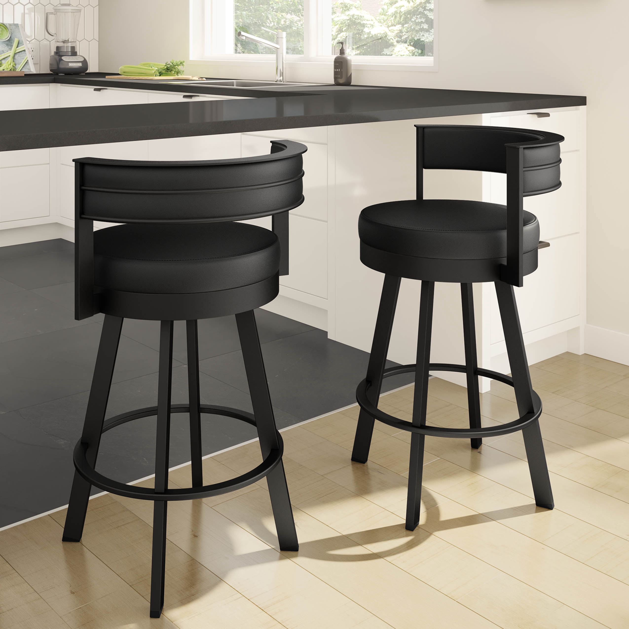 Amisco Browser 30 In. Swivel Bar Stool - Black Faux Leather / Black Metal