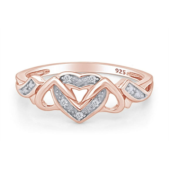 AFFY 0.03CT White Natural Diamond Triple Heart Promise Ring in 14k Rose Gold over Silver-10
