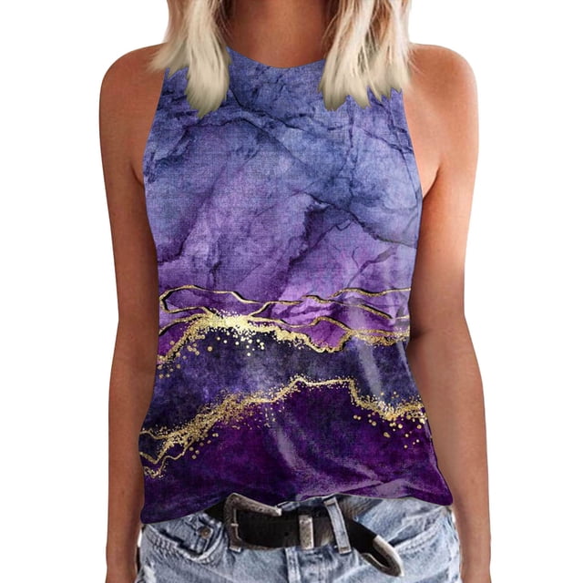 NECHOLOGY Jolis Débardeurs pour Femmes en Violet avec un design Sans Manches et une Coupe Ample Décontractée. Présente un style Tunique Imprimée avec un Col en V et un Motif Abstrait Accentué d'Or. Fait de polyester Léger, Idéal pour les Hauts d'Été pour Femmes et les Tenues Décontractées. Montré en Taille TG.