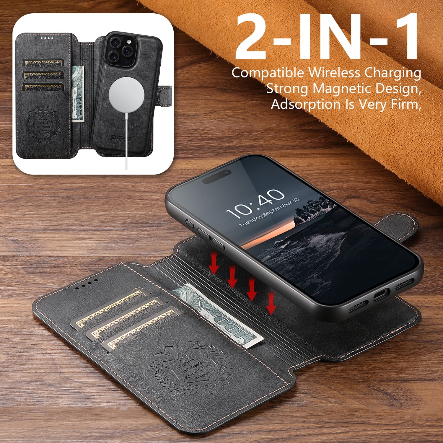 for iPhone 14 Pro Max Detachable Wallet Case, PU Leather Magnetic Cover Support Wireless Charging & Magnetic Car Mount, Card Slots Holder, Flip Stand, Folio Full Body Protective Phone Shell, Black