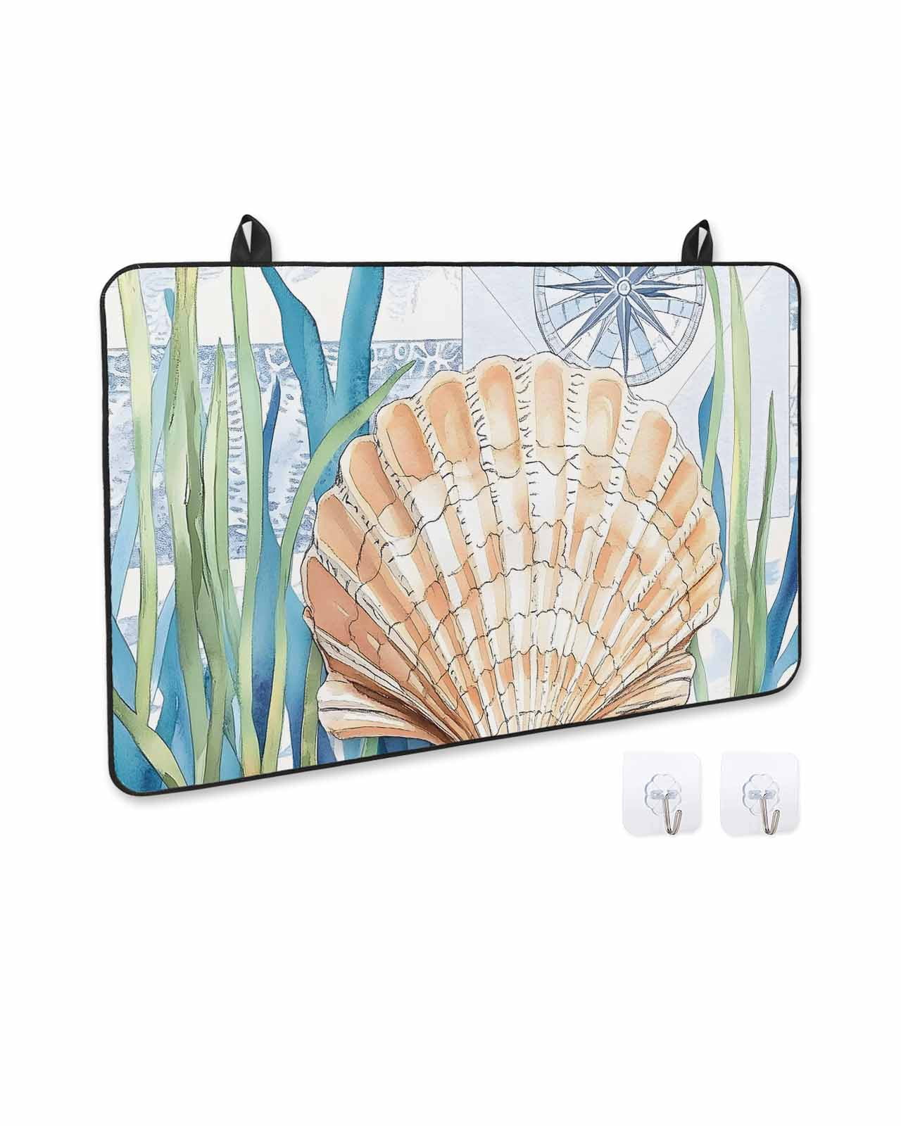 nqOlkjepod Large Induction Cooktop Protector Mat 24"x21", Summer Nautical Stove Top Covers for Electric Stove, Ocean Watercolor Blue Green Plant Shell Stove Burner Cover Mats, Glass Top Stove Cover