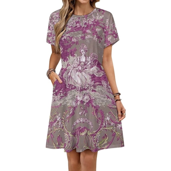 Jouy Pattern Sundress Short Sleeve Dress Summer Women Clothes Dress for Women Dresses