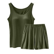 LLYWEY Shorts Sets Women 2 Piece Outfits Solid Color Sleeveless Built in Bra Tank Tops and Elastic Waist Pull on Shorts with Pockets Two Piece Outfit Sets New-16 Green-a M