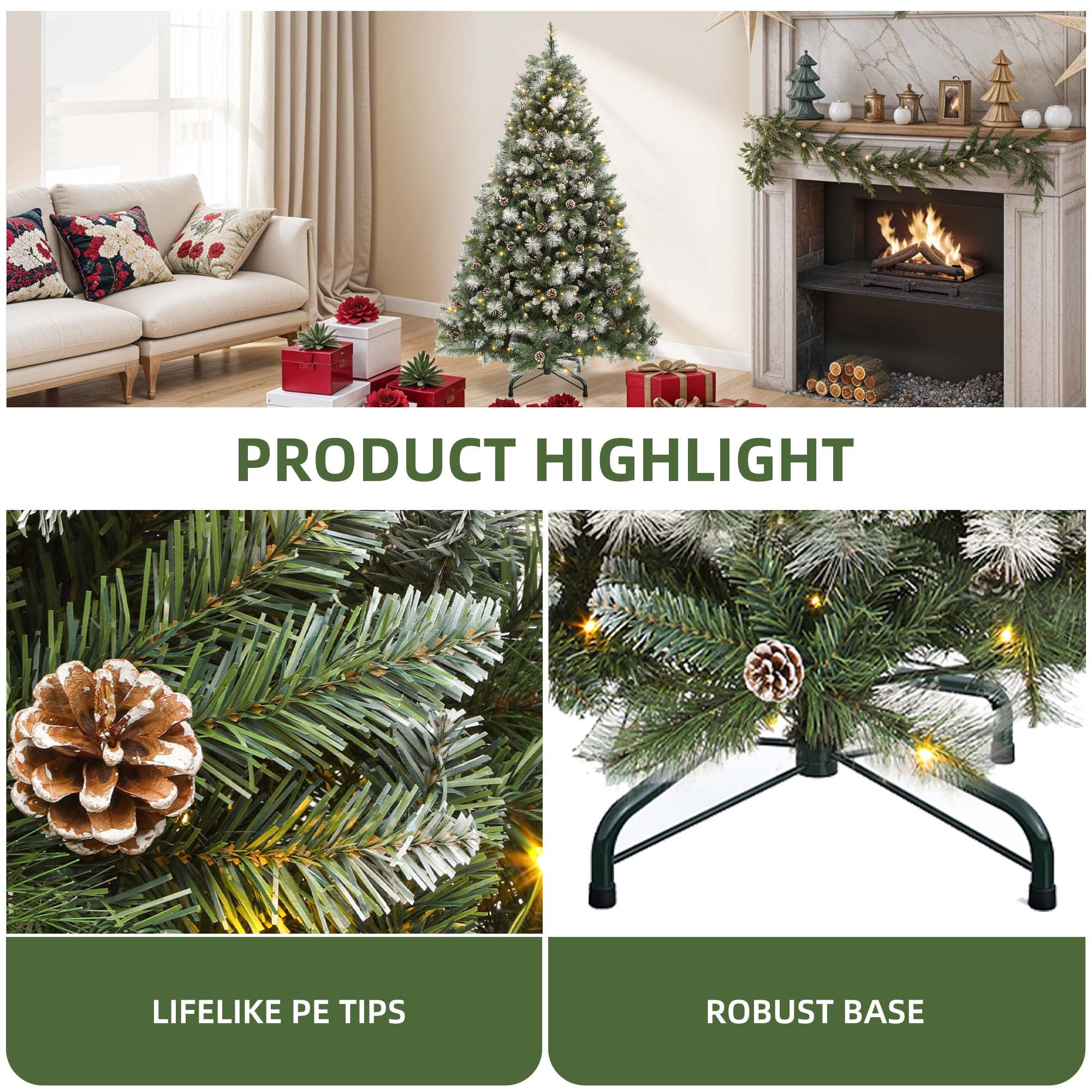 Uforic 6ft Prelit  Artificial Christmas Tree with 946 Branch Tips & 250 Lights, Pre-Decorated Scotch Pine Christmas Tree with Remote, 11 Light Modes, 56 Pine Cones, Green